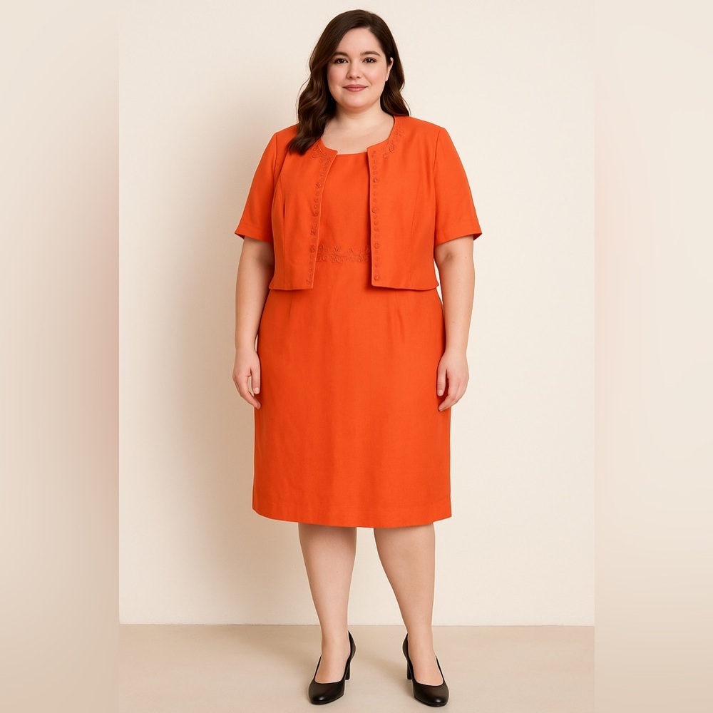 Jessica‎ Howard Womens Plus Size 1X 14W coral Jacket Dress Career Midi 2 piece